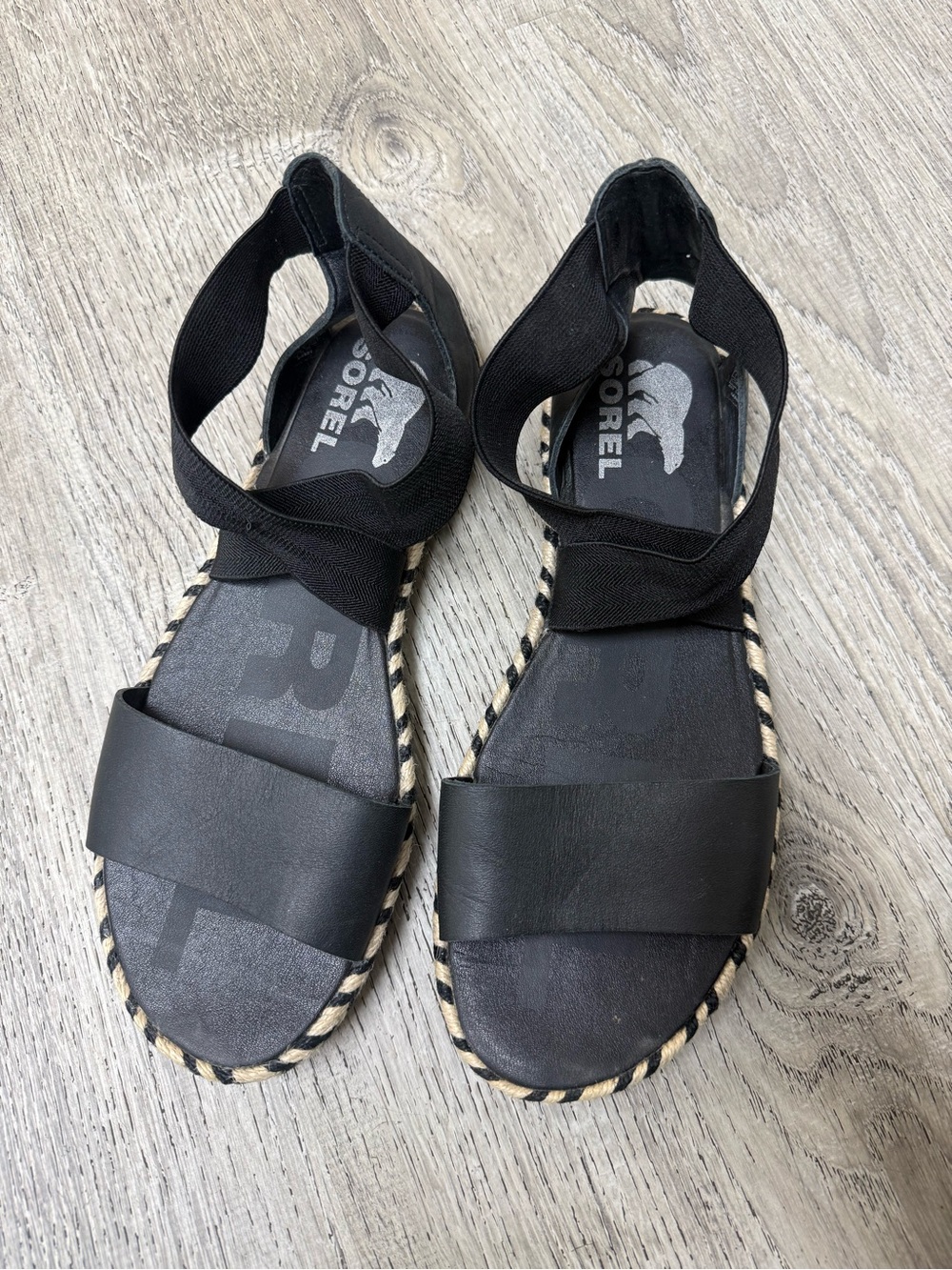 Sorel Black Leather Espadrille-Style Ankle Wrap Sandals